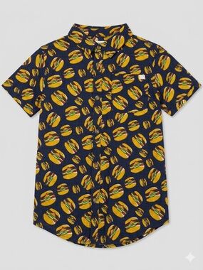 Appaman Navy Button-Down Shirt with Yellow Burger Print
